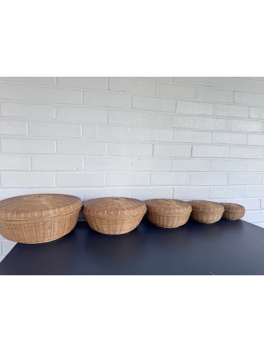 Vintage Woven Rattan Nesting & Stacking Baskets Set of 5 Baskets  4”-11” Boho